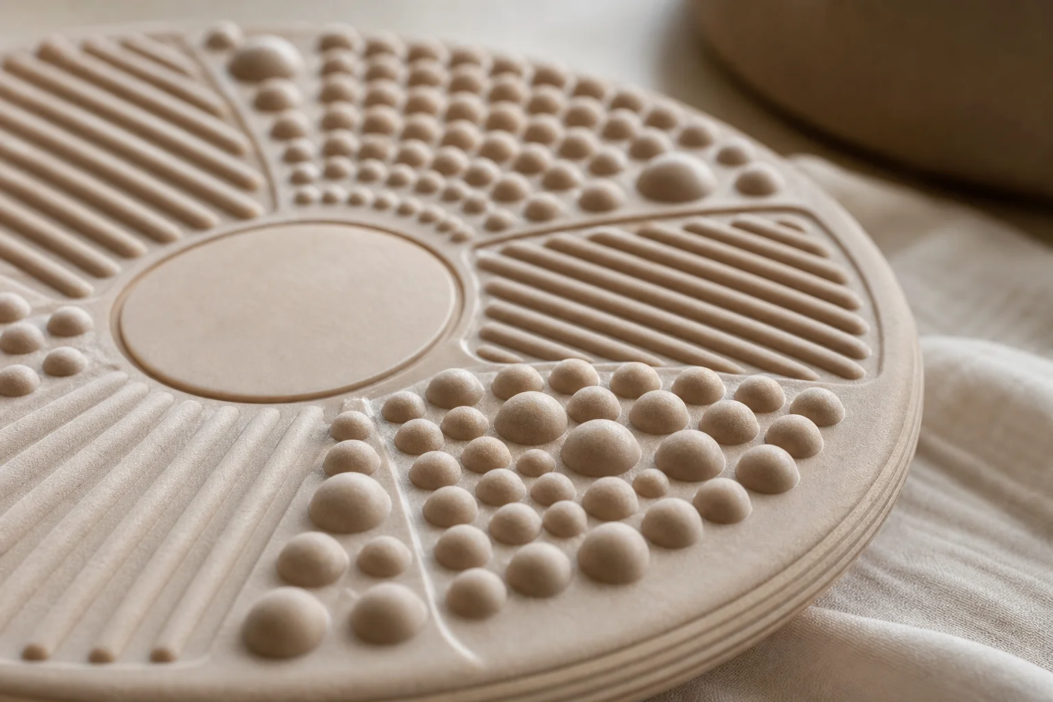 Close-up of textured balance board surface with massage beads