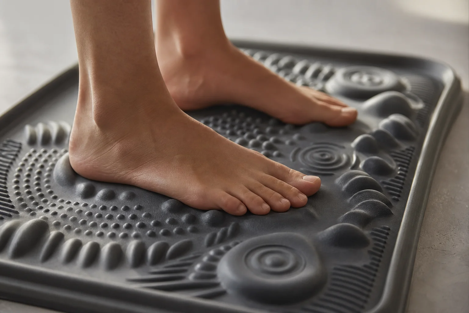 Feet on ergonomic mat showing varied terrain and raised edges
