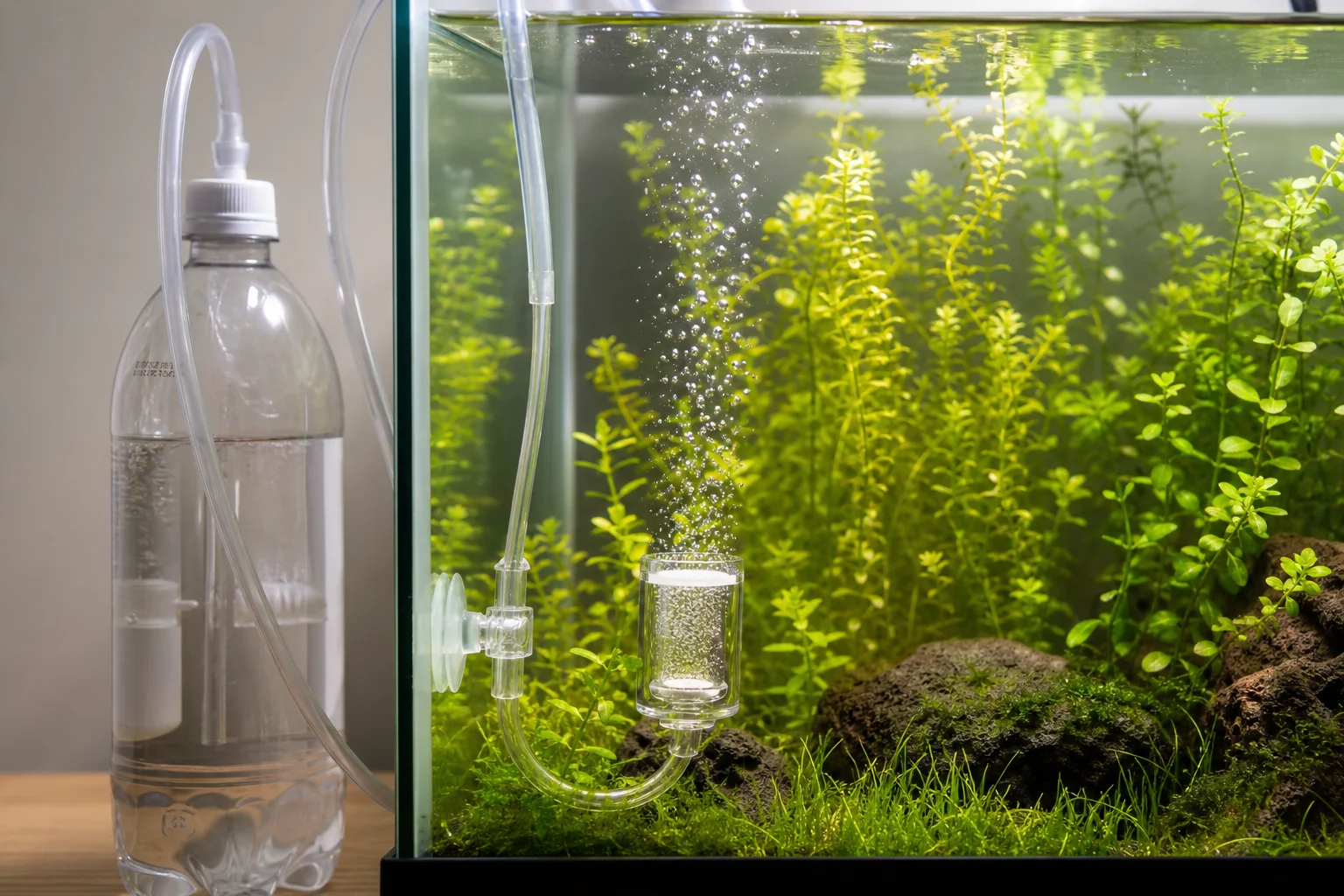 Homemade CO2 system with soda bottle and tubing in planted aquarium