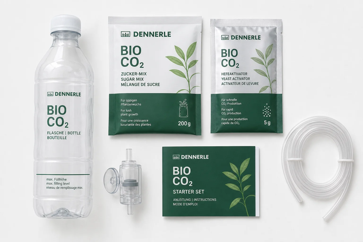 Dennerle Bio CO2 kit components laid out on white surface