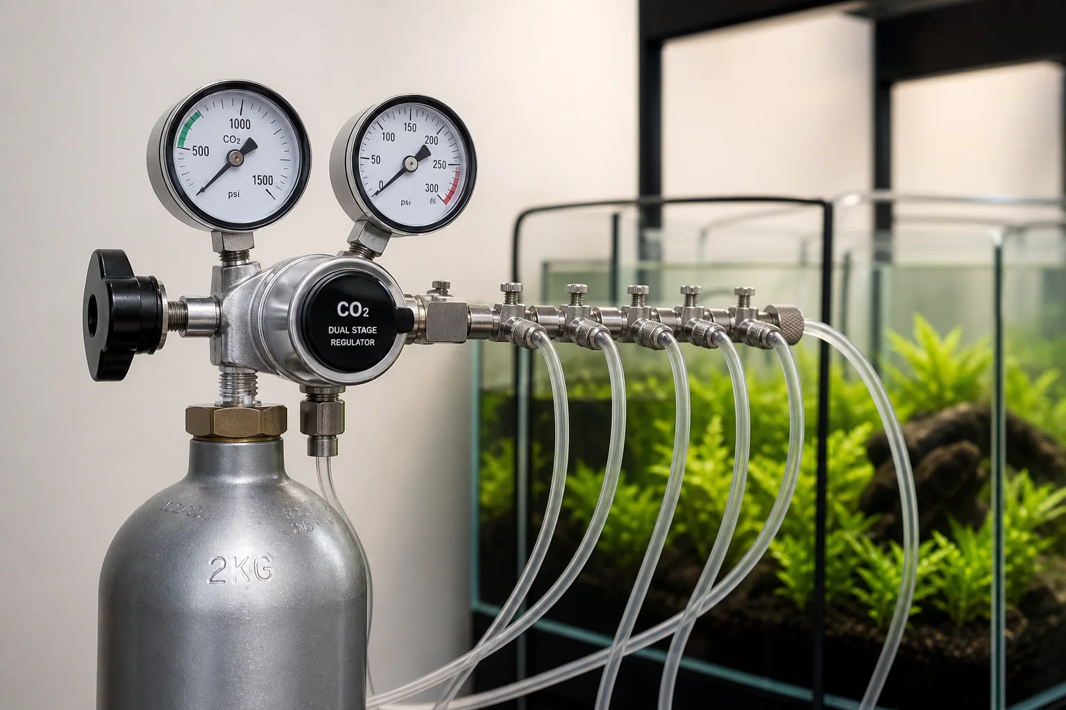 Pressurized CO2 cylinder with dual-gauge regulator and manifold connections