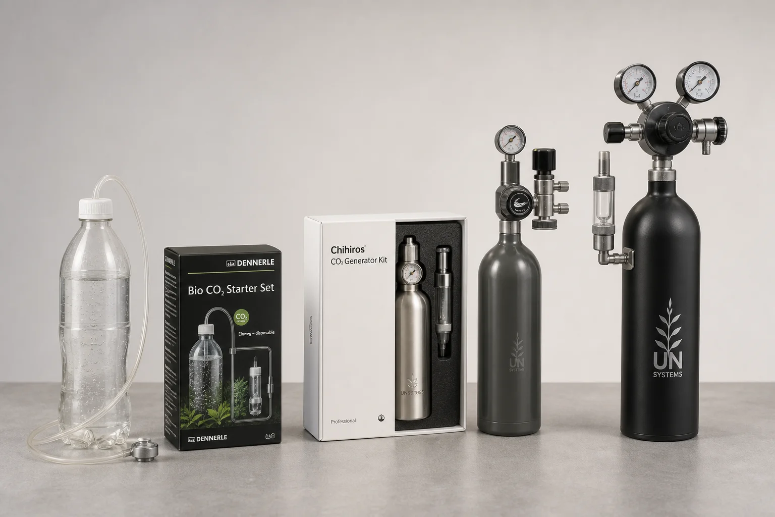 Five aquarium CO2 systems from DIY to professional regulators arranged on grey surface