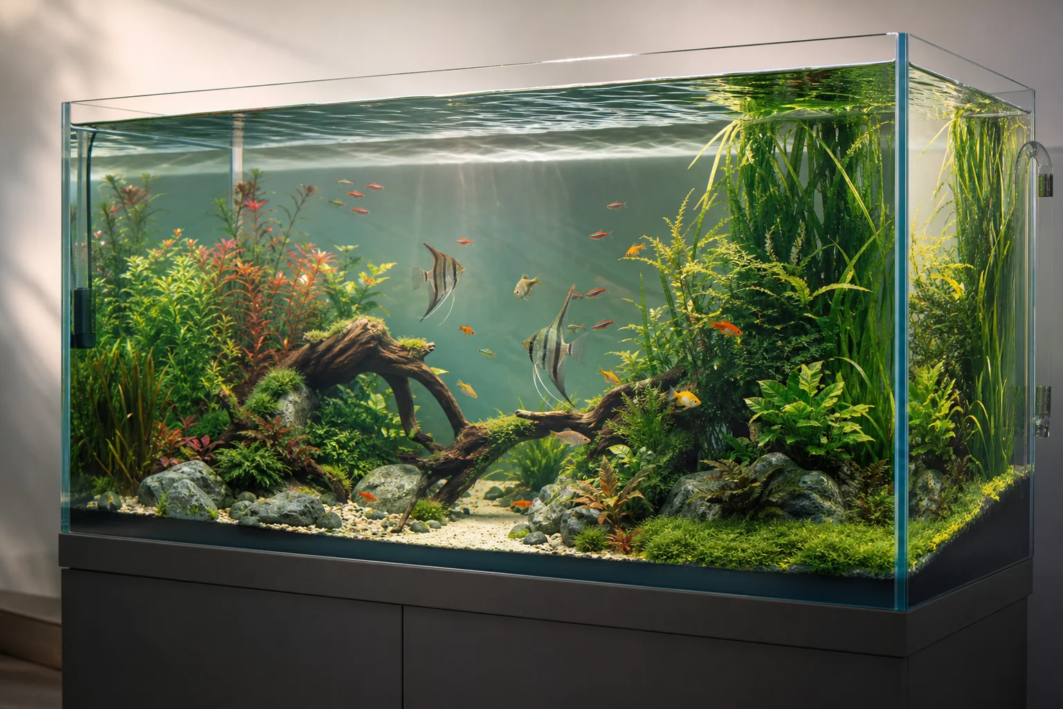 擁有清澈水質、綠色水草與健康魚兒的水族箱