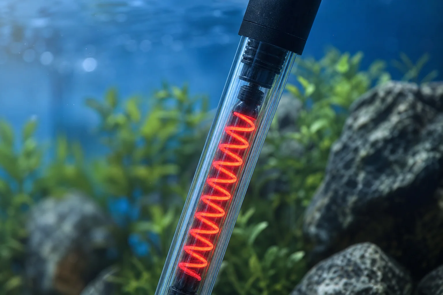Glass heater coils glowing red inside aquarium with plants