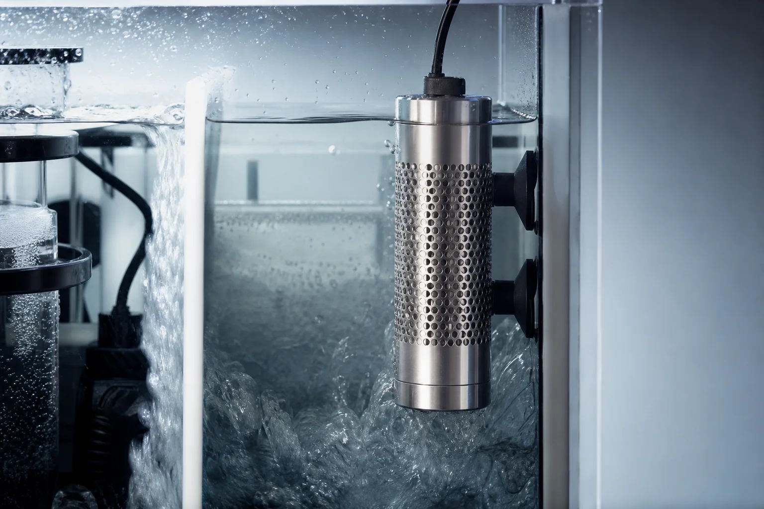 Titanium heater in sump with water flow circulation