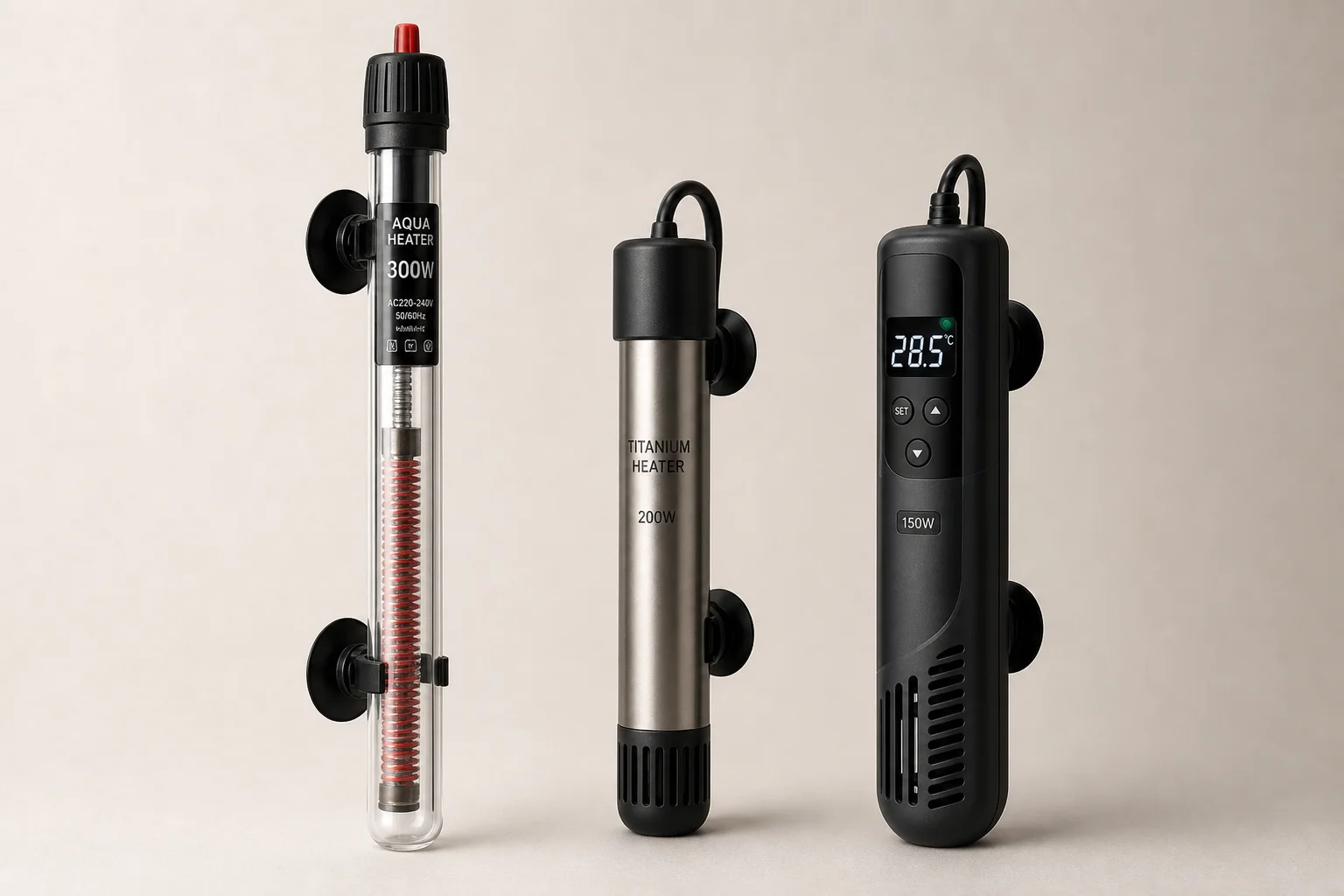Three aquarium heaters: glass, titanium, and plastic-housed models on neutral backdrop