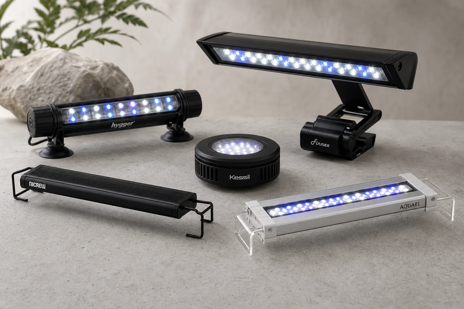 Fünf LED-Aquarienleuchten auf einer Betonoberfläche, die verschiedene Designs und Oberflächen zeigen