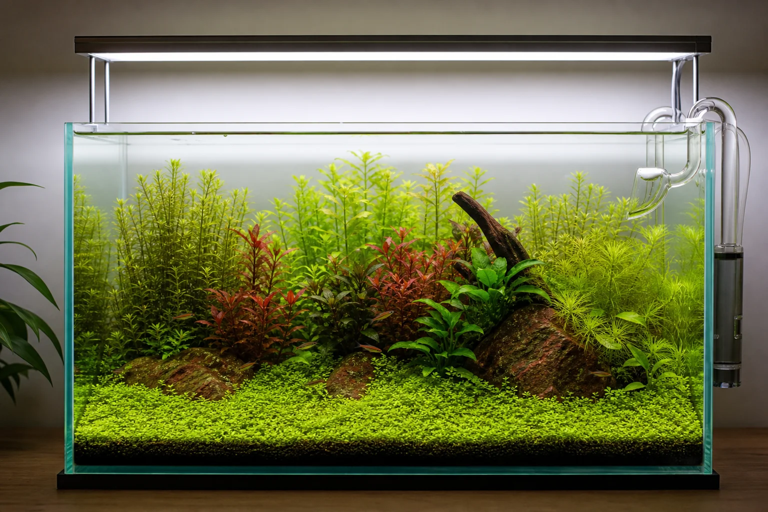 Planted aquarium with lush green stem plants and carpet under bright LED lighting