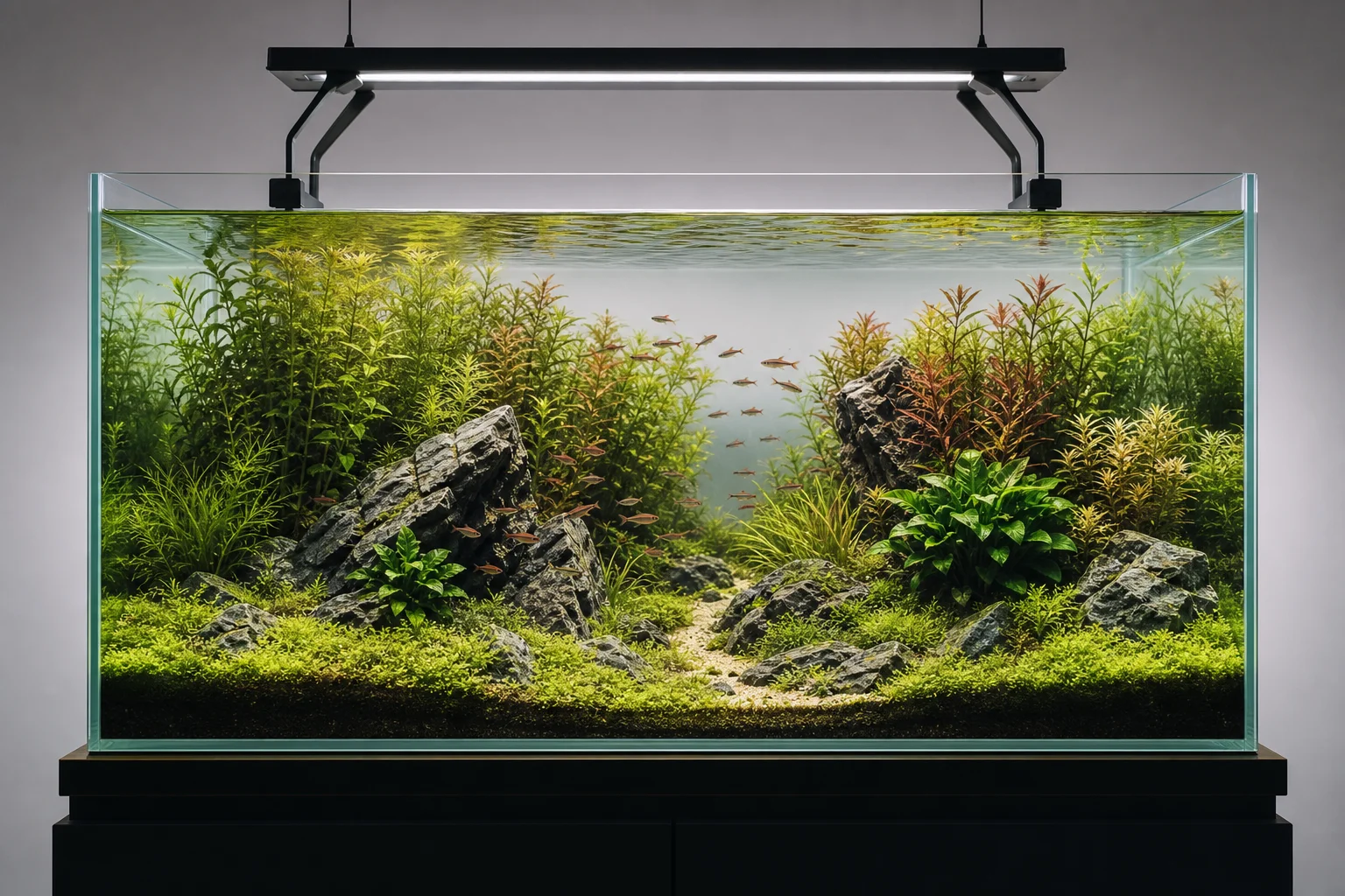 Complete planted aquarium aquascape with diverse plant species and natural hardscape