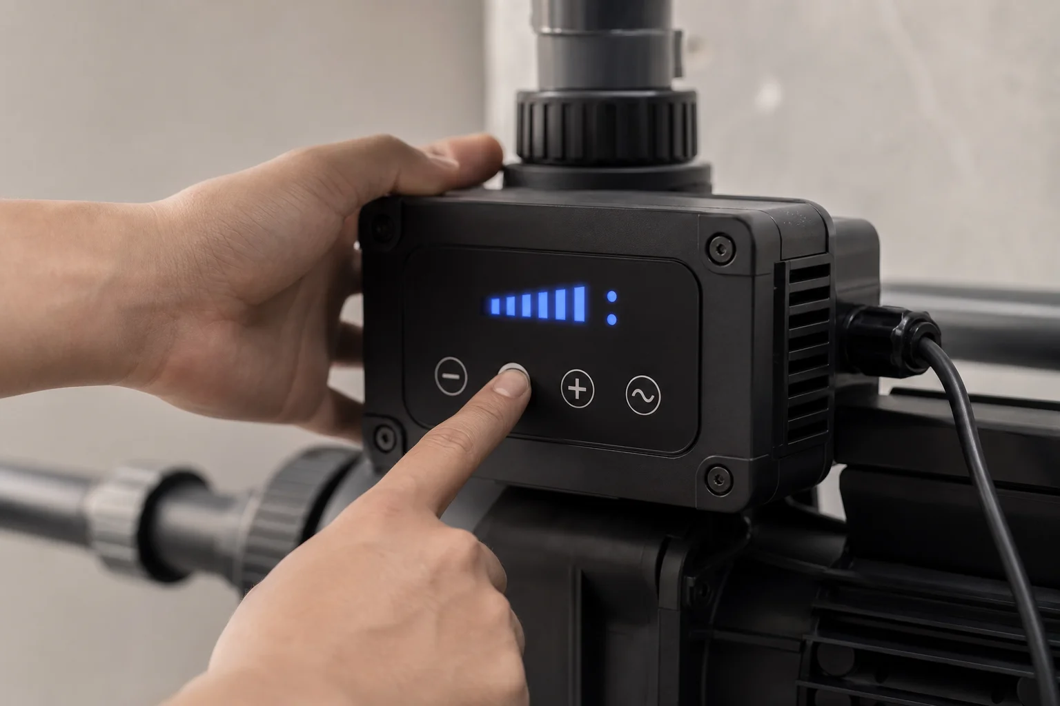 Hands adjusting digital control panel on DC pump