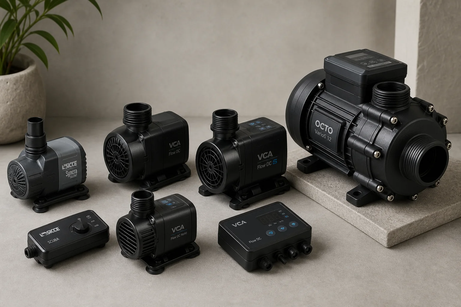 Collection of aquarium return pumps displayed on concrete surface