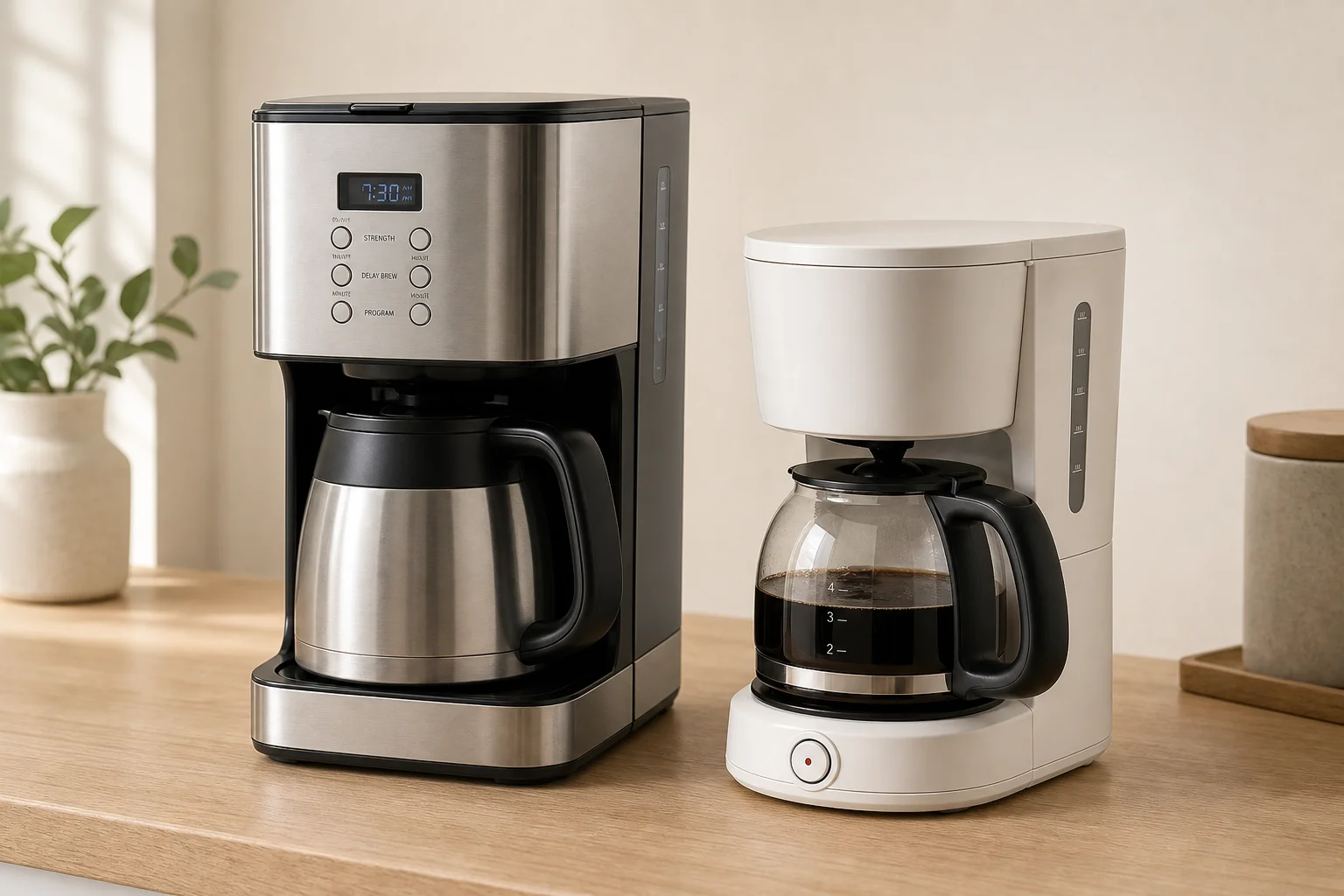 Technivorm Moccamaster KBT 與 Zojirushi Zutto 咖啡機放置在淺色木紋檯面上