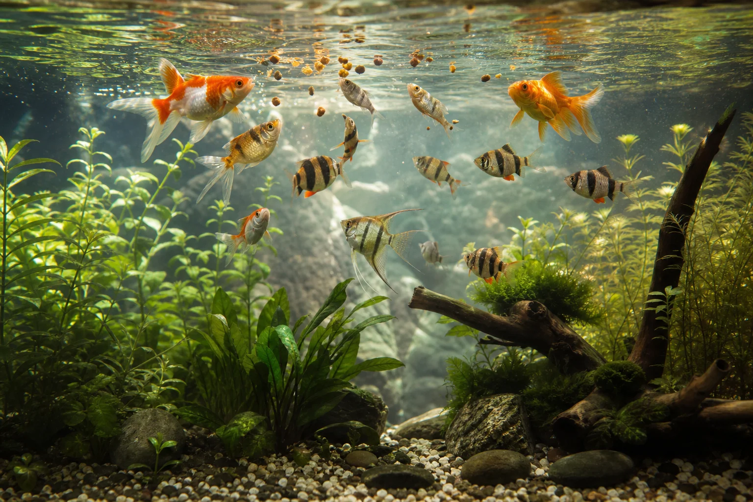 Tropical fish swimming near water surface during feeding time