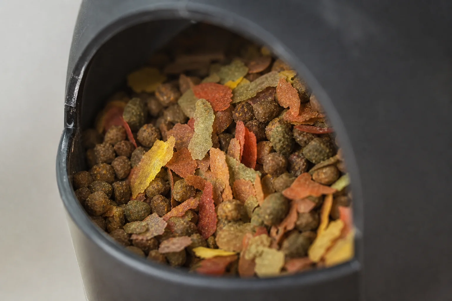 Close-up of fish food pellets and flakes in feeder drum opening