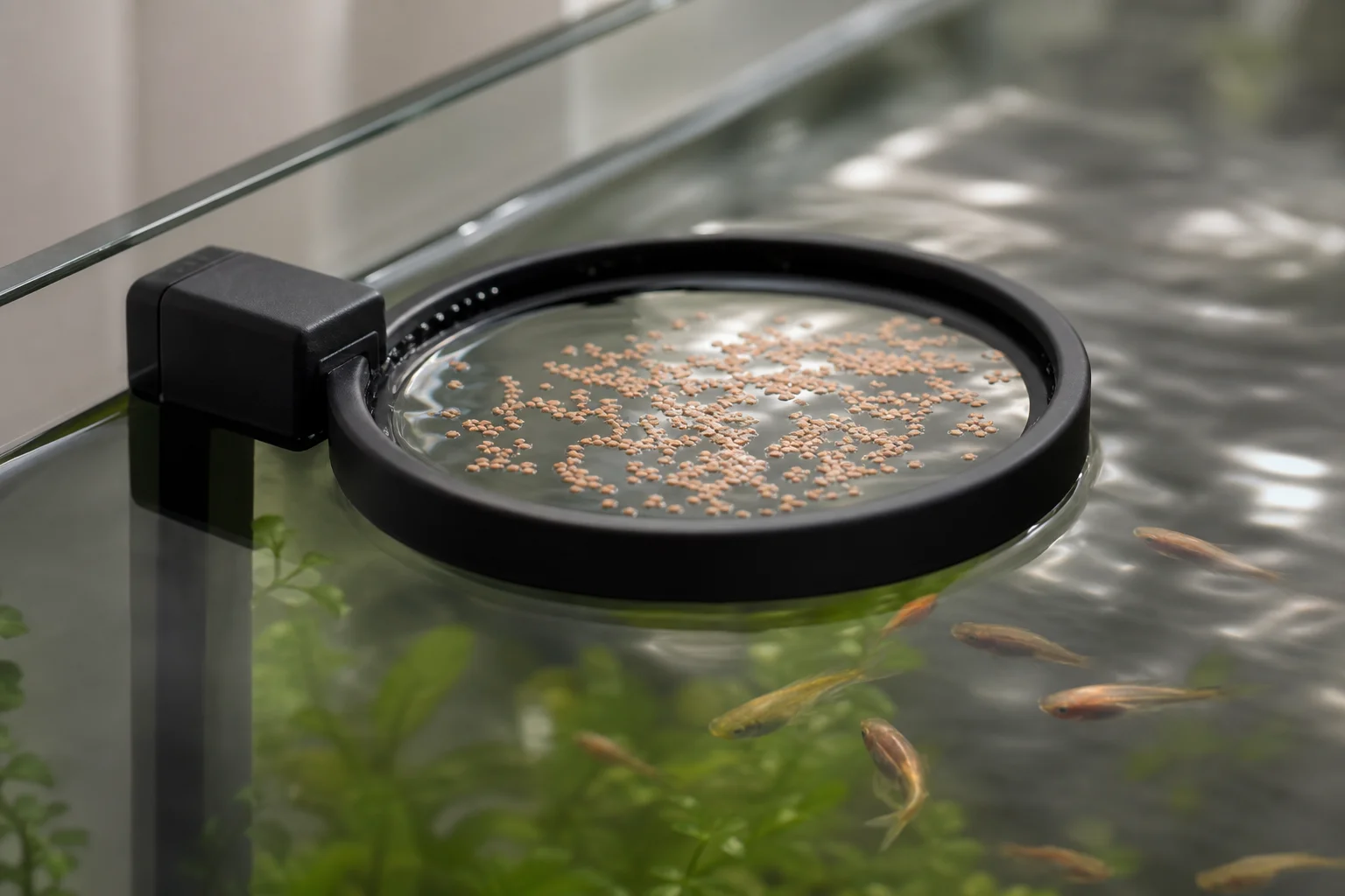 Feeding ring containing floating food near aquarium water surface