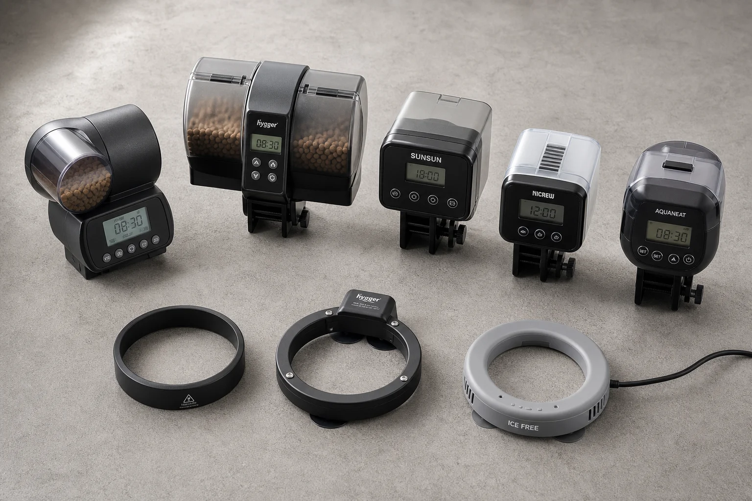 Array of automatic fish feeders and feeding rings on concrete surface
