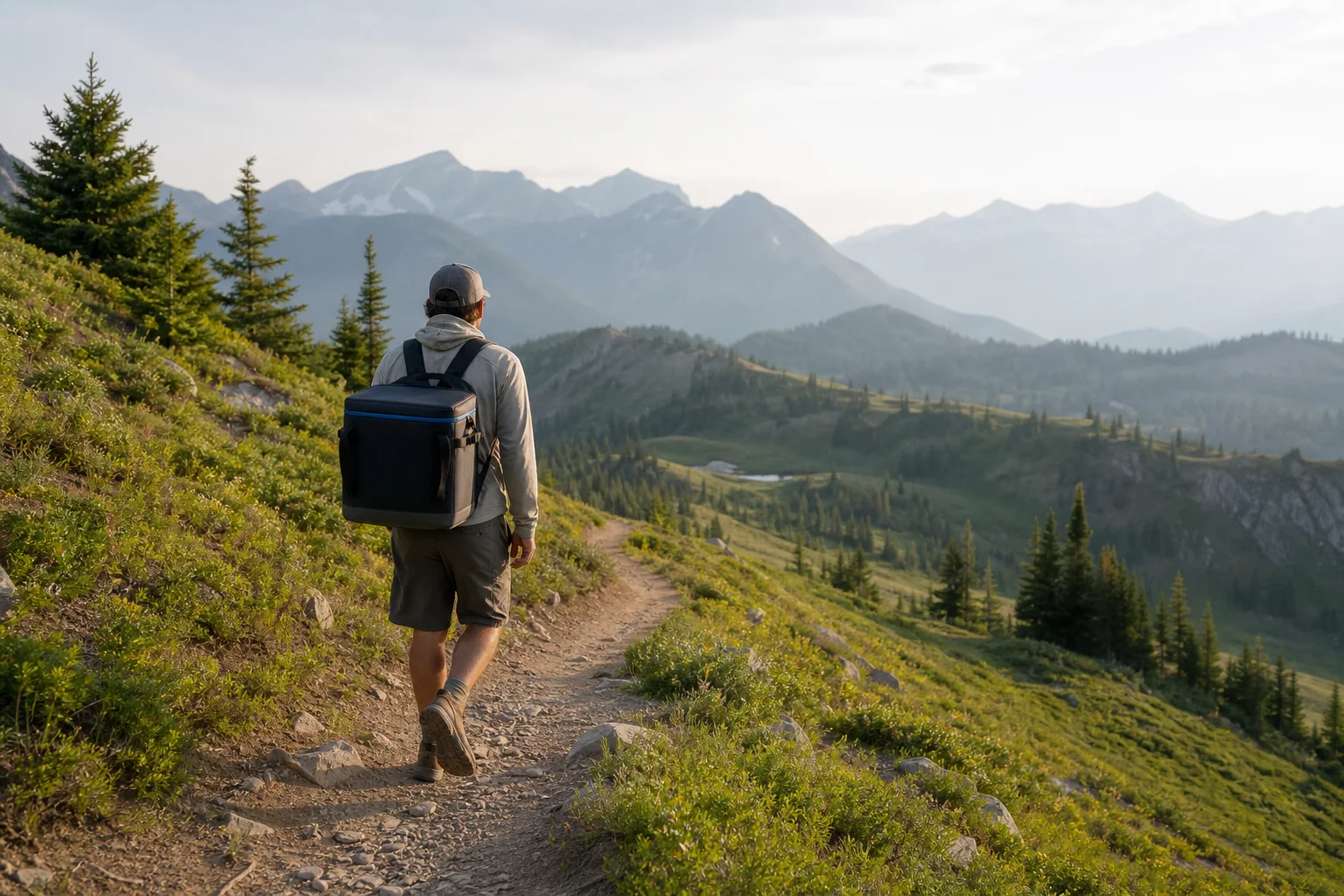 Hiker with a backpack cooler on a mountain trail with scenic vista