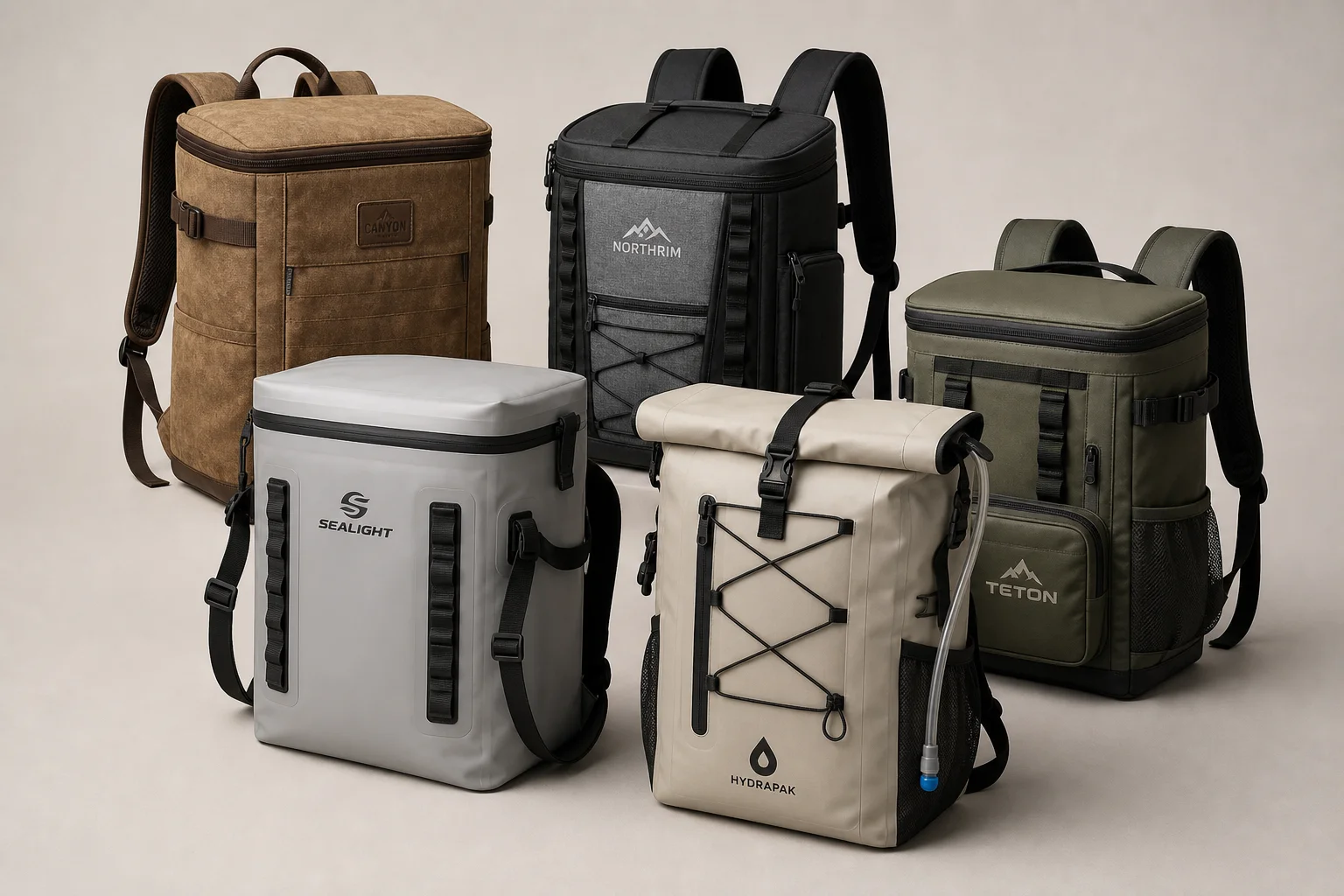 Five backpack coolers displayed on neutral backdrop showing different designs and materials