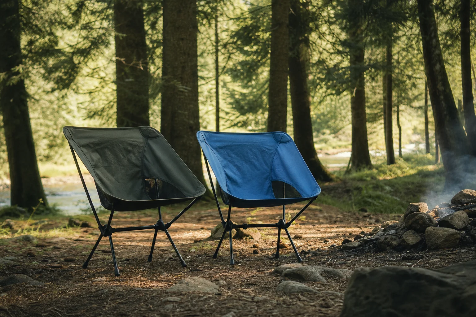 Two backpacking chairs set up side by side in a campsite clearing
