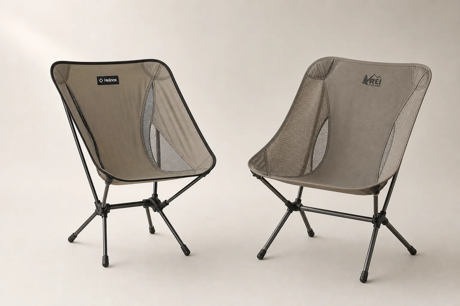 Helinox Chair Zero and REI Co-op Flexlite Air backpacking chairs side by side on neutral backdrop