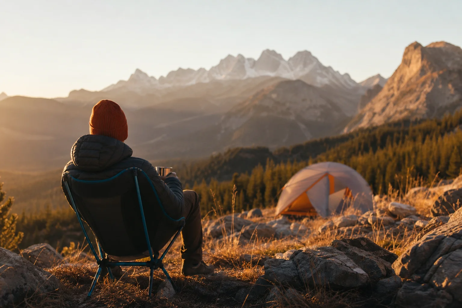 Backpacker sitting in camp chair at mountain campsite during golden hour