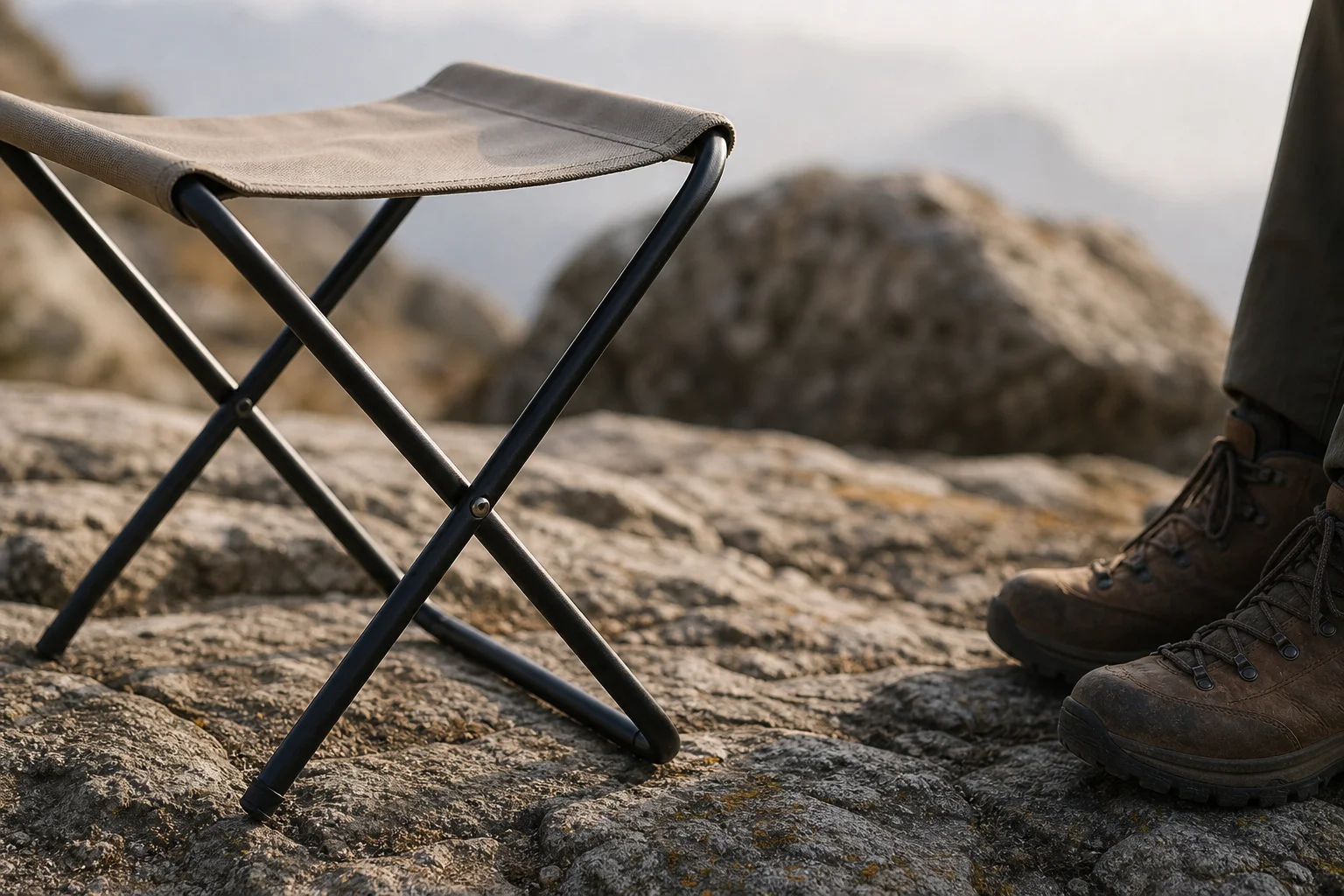 Folding camp stool on rocky terrain with hiking boots visible