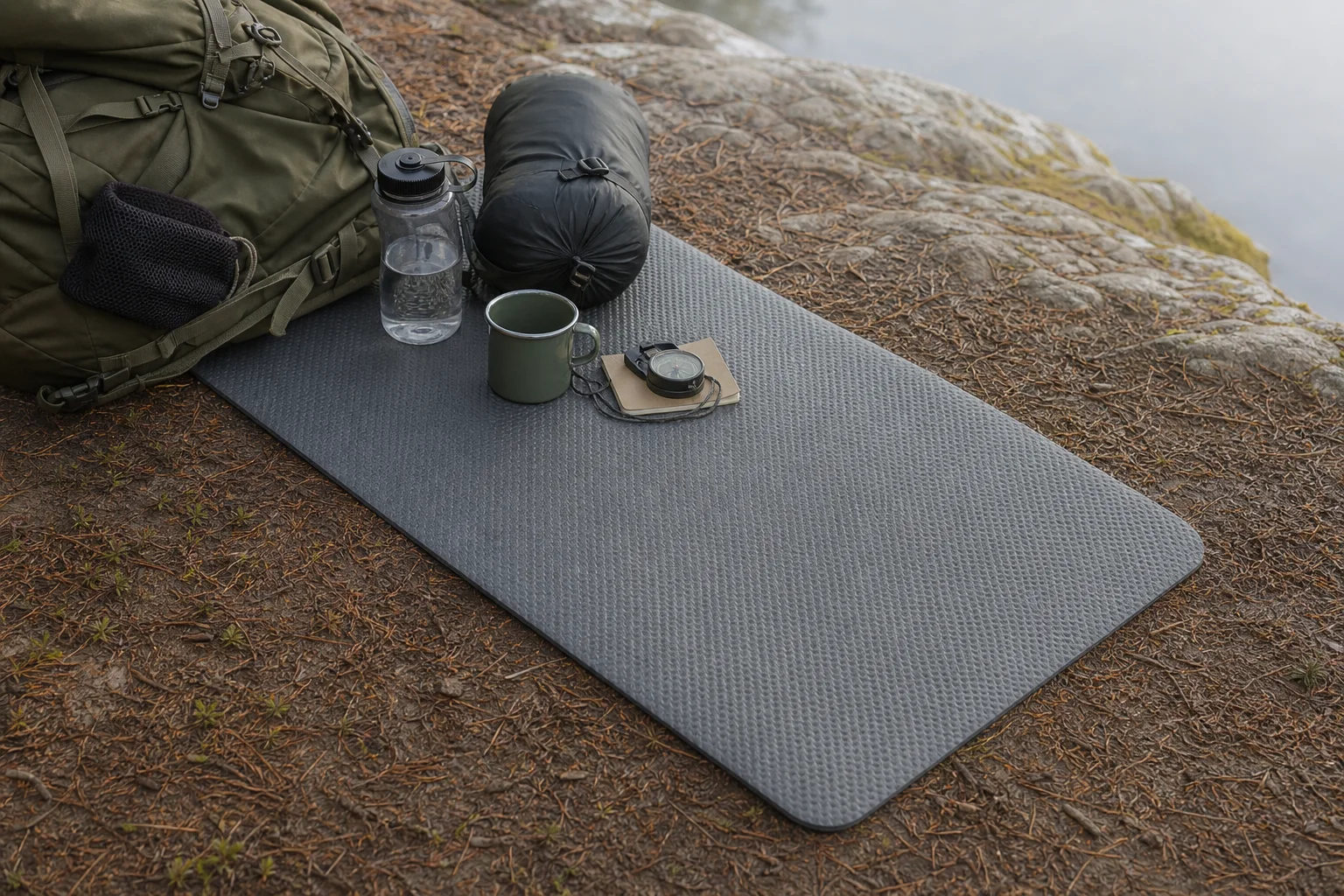 Foam sit pad on damp ground with camping gear and water bottle nearby