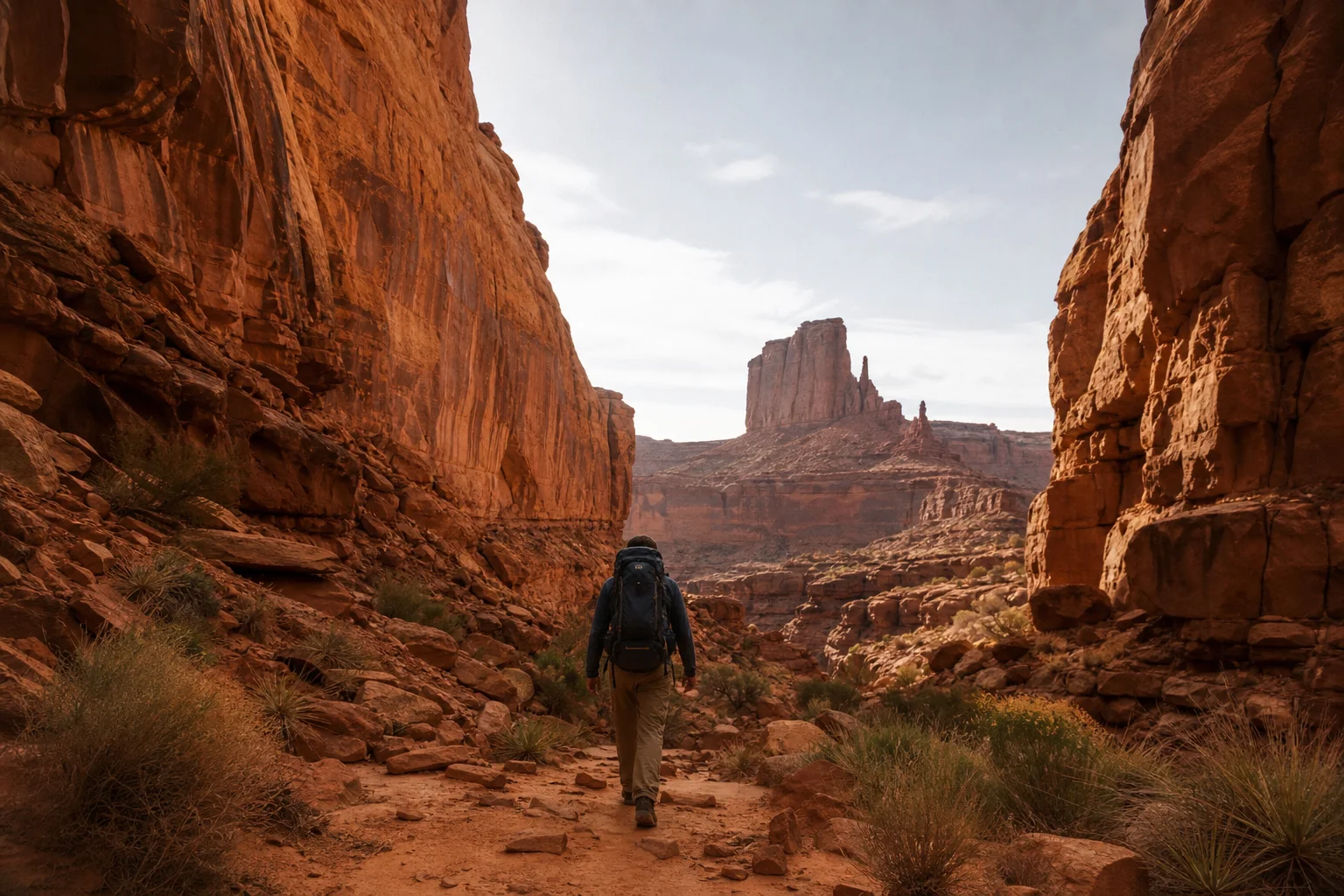 Backpacker with loaded pack hiking through red rock canyon landscape
