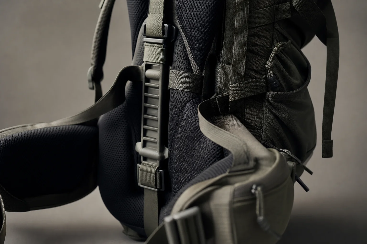Close-up of backpack hip belt and torso adjustment system detail