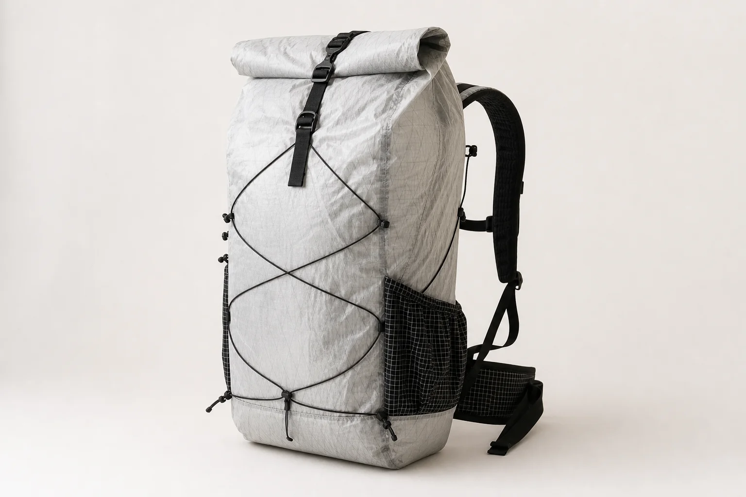Ultralight backpack with minimal padding and roll-top closure design