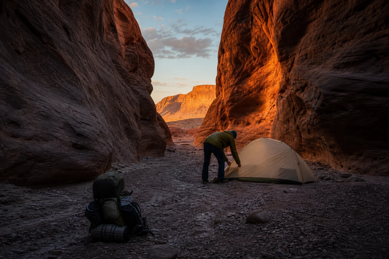 Backpacker setting up camp in a slot canyon at dusk with loaded pack nearby