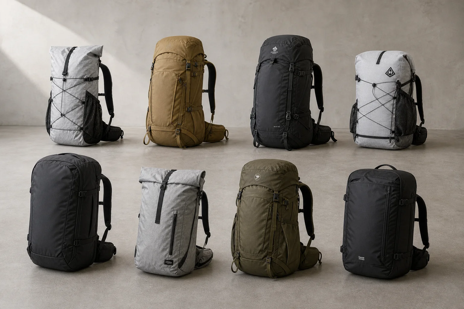 Eight backpacking packs of various styles and sizes arranged on concrete surface