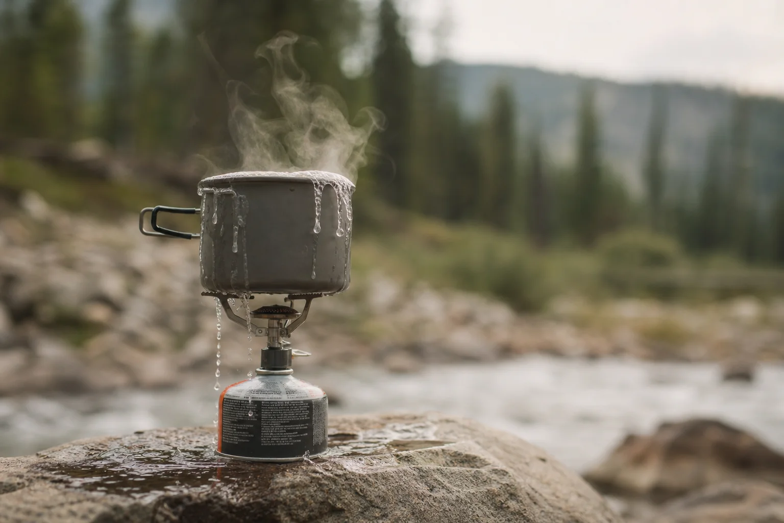 Boiling water in a camping pot over a backpacking stove in outdoor setting