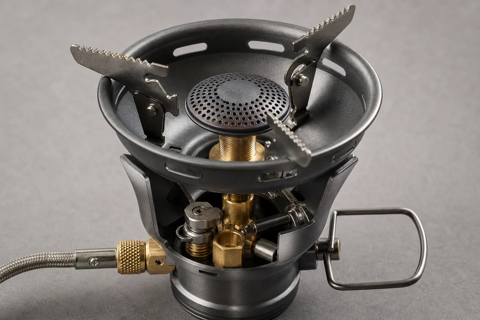 Close-up of stove burner head showing cupped design and pressure regulation