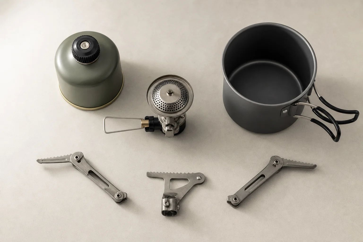 Backpacking stove components laid out showing burner, arms, and fuel canister storage