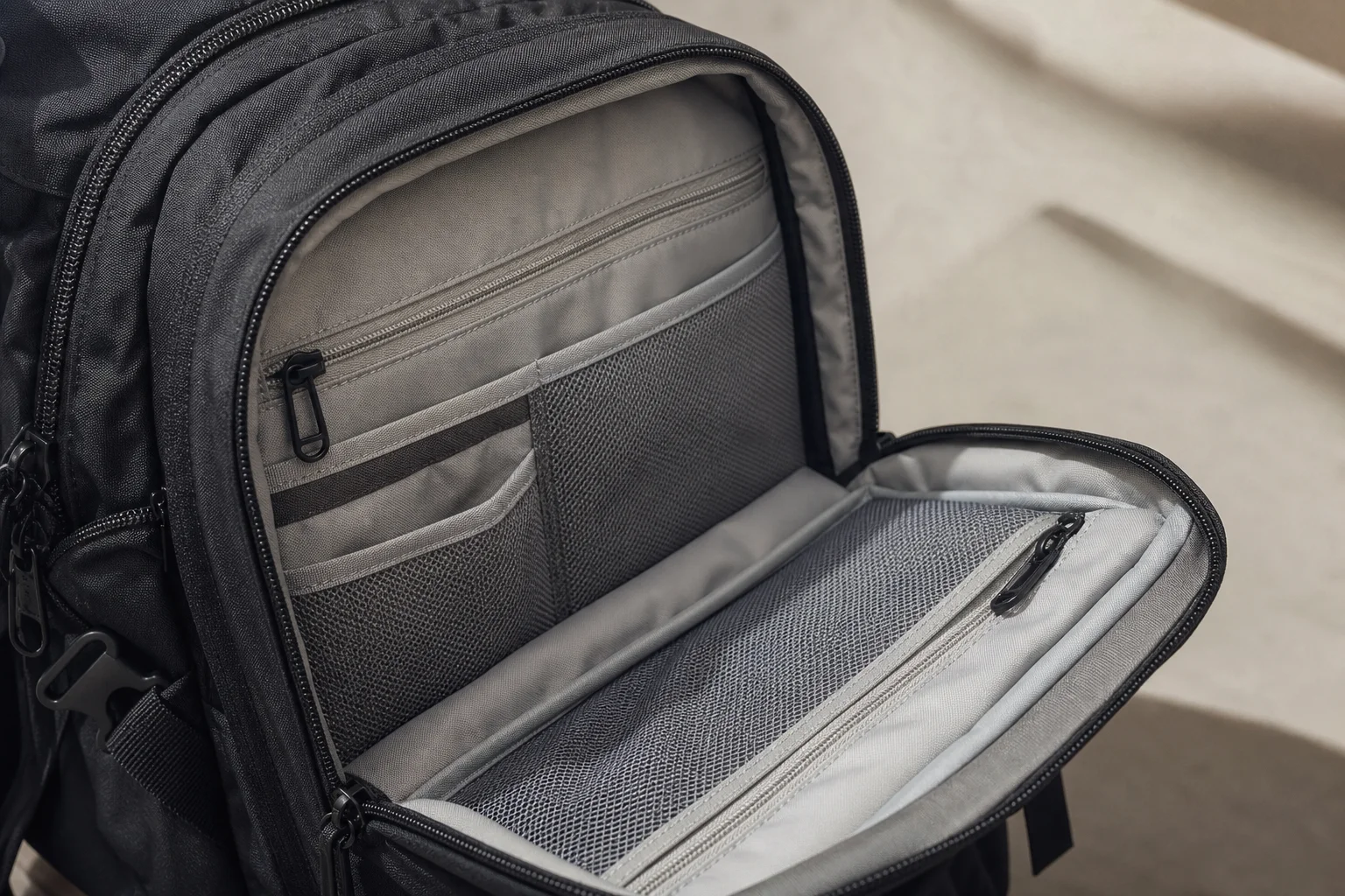Close-up of backpack compartment organization with multiple pockets and zippers