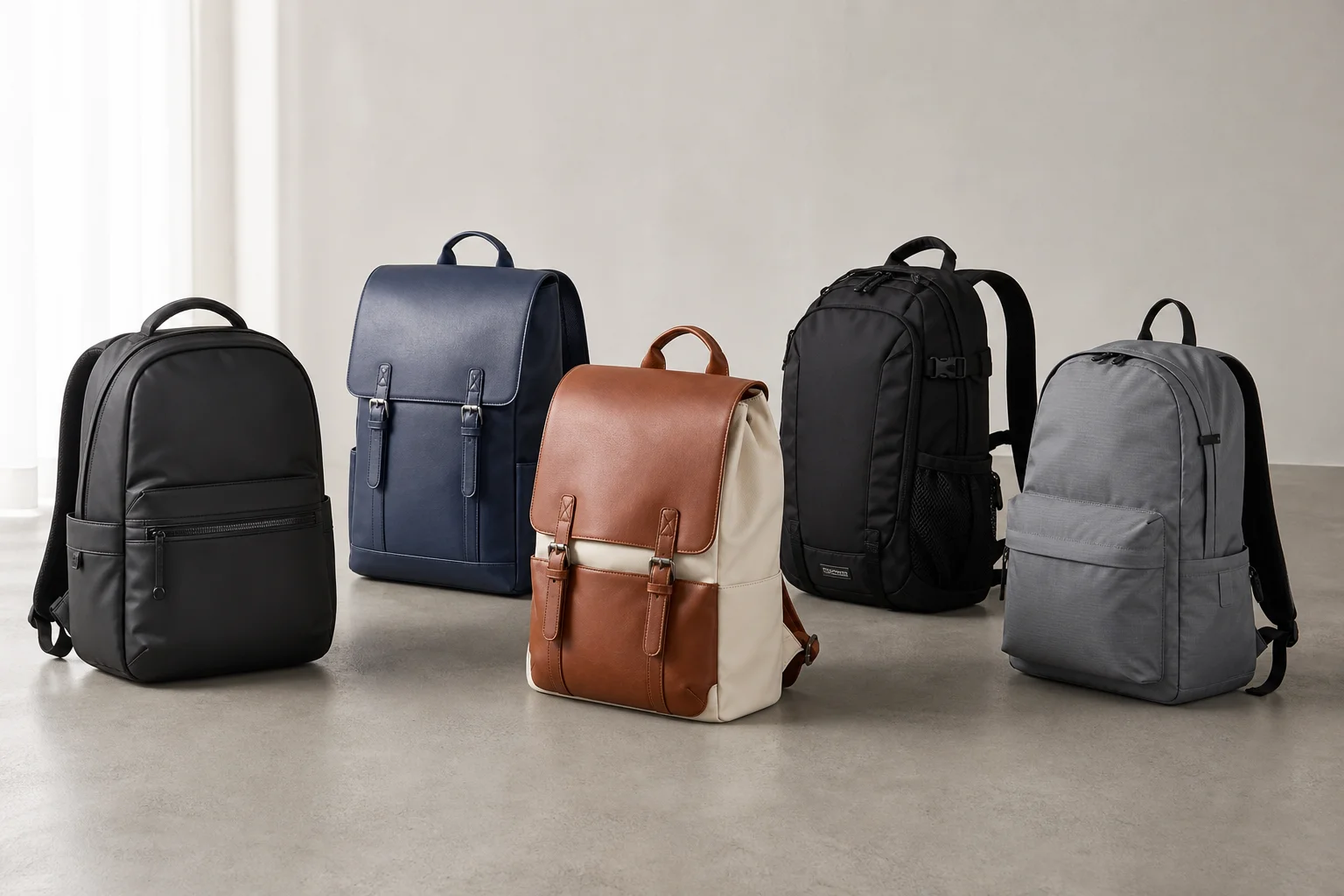 Five backpacks in different styles and colors arranged on concrete surface