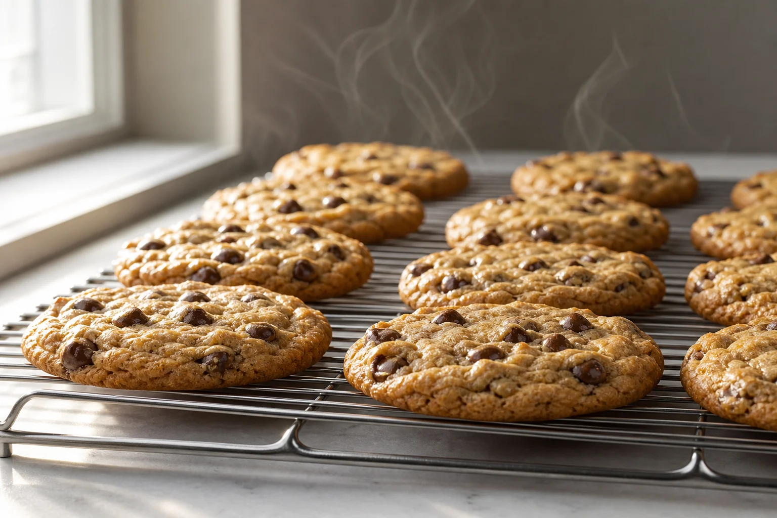 Freshly baked chocolate chip cookies cooling on a stainless steel rack