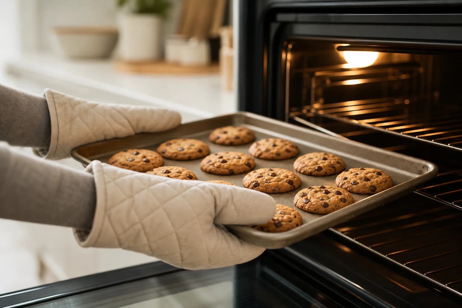 Baker removing a baking sheet from an oven using oven mitts