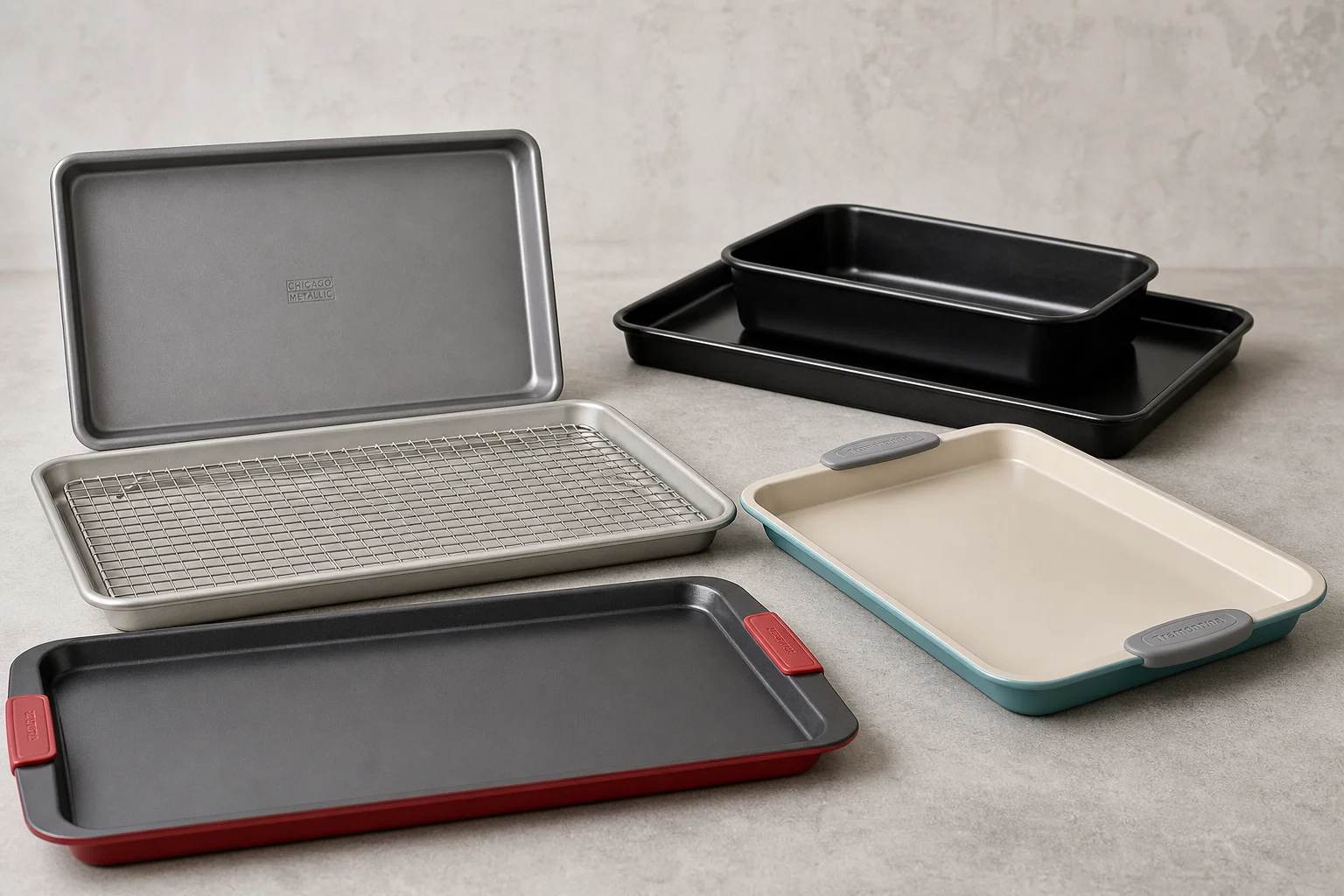 Five different baking sheets and pans arranged on a concrete surface