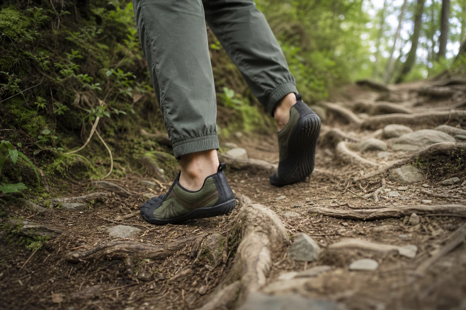 Hiker wearing barefoot shoes on natural dirt trail with vegetation