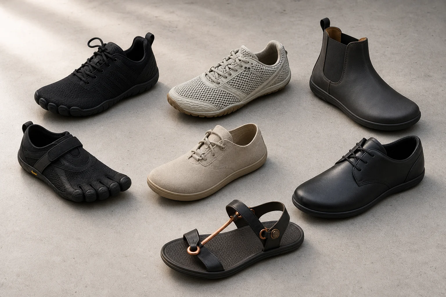 Seven barefoot shoe styles arranged on concrete surface