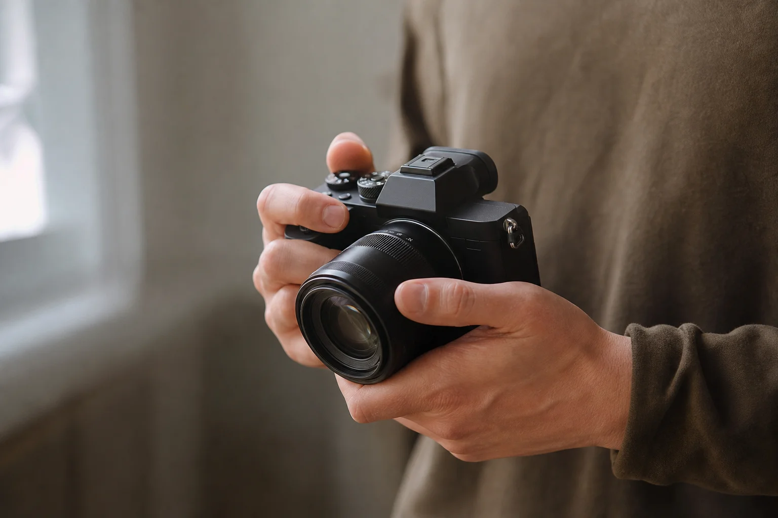 Photographer holding a compact mirrorless camera with interchangeable lens