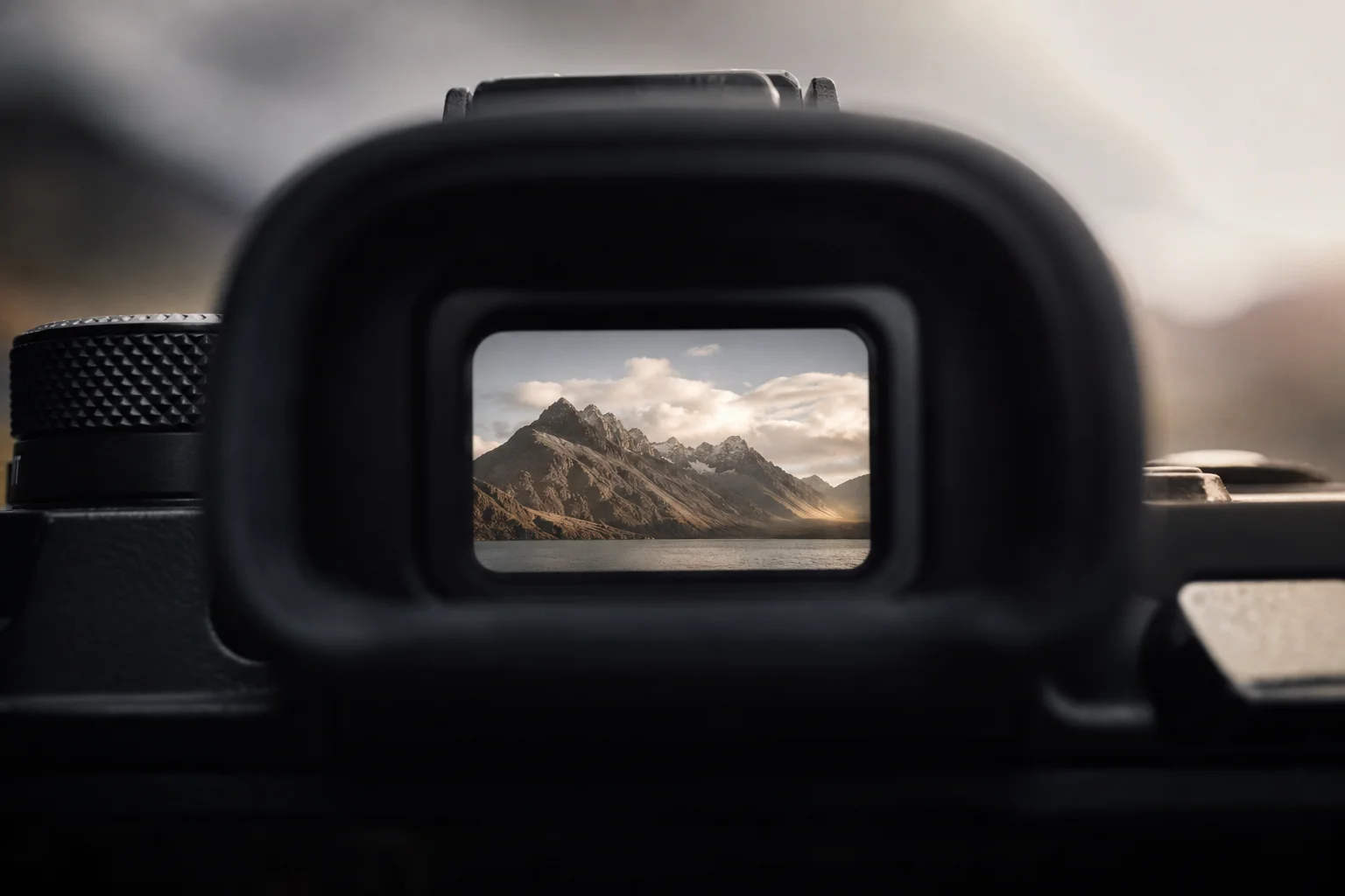 Electronic viewfinder display showing a composed landscape scene