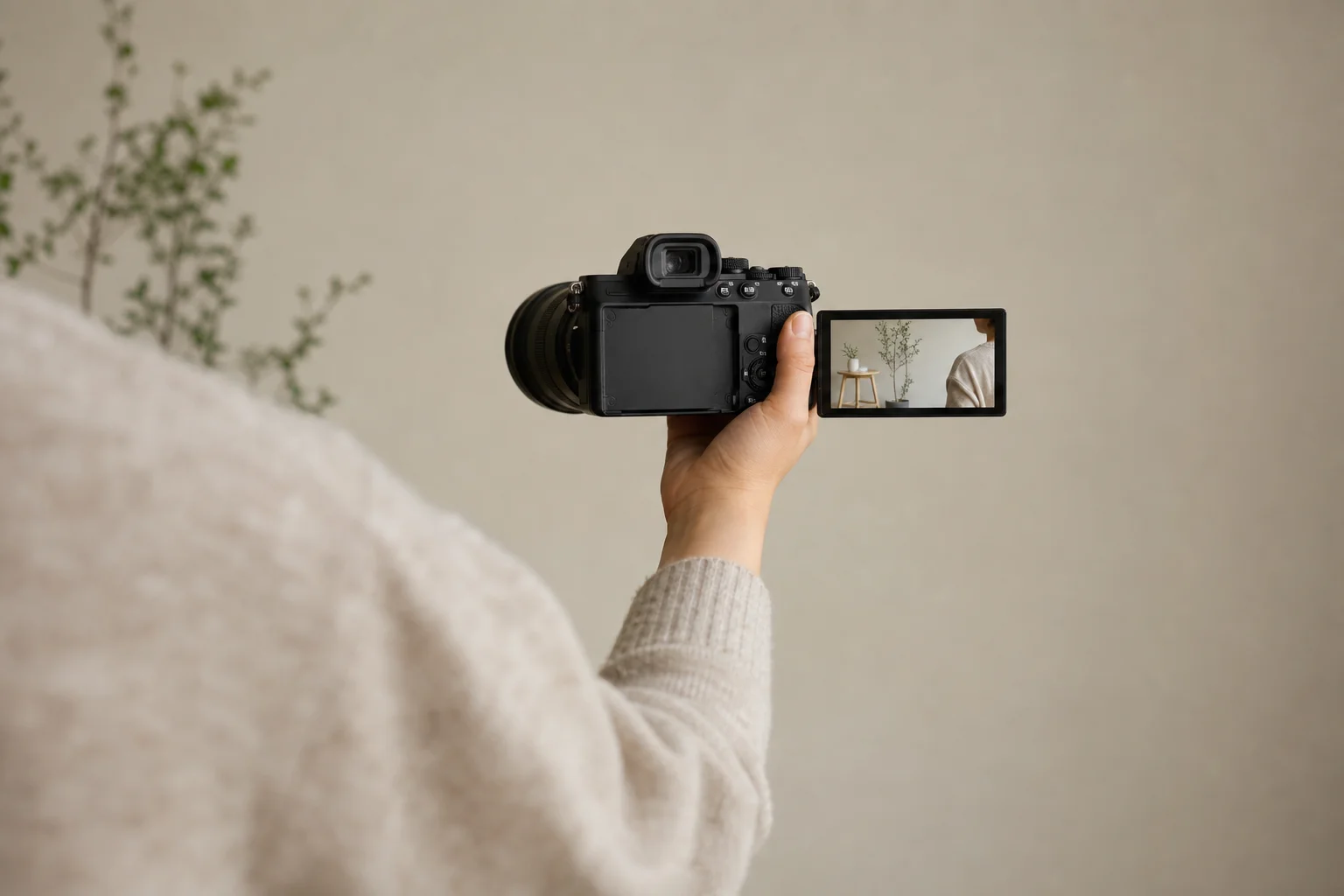 Photographer composing a self-portrait using a fully articulated flip-out screen