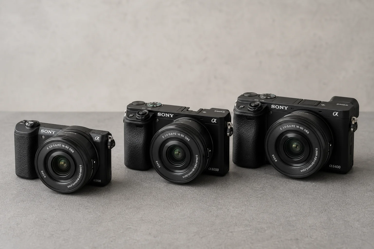 Three Sony mirrorless cameras with lenses arranged on concrete surface