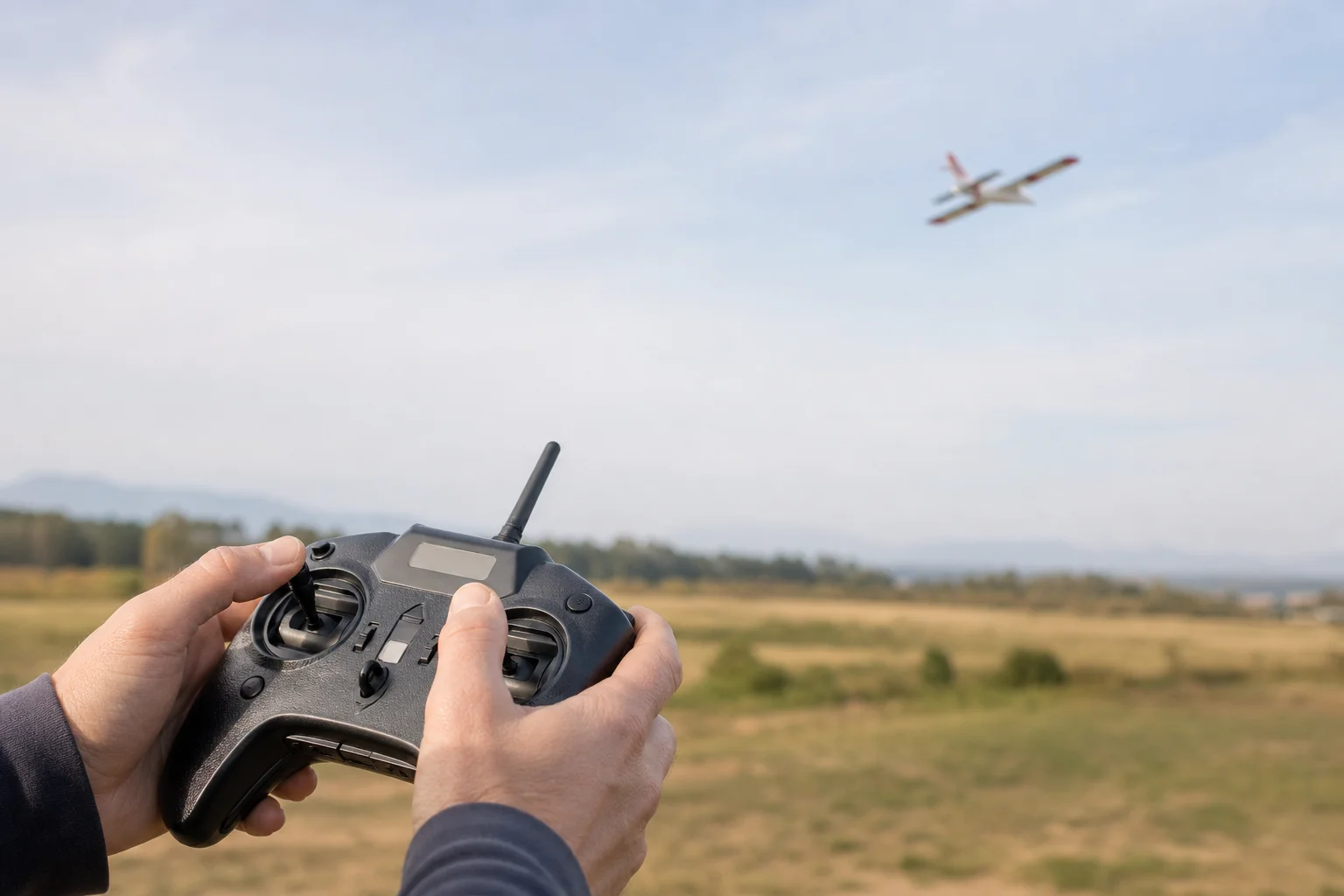 RC pilot operating transmitter with plane visible in distance
