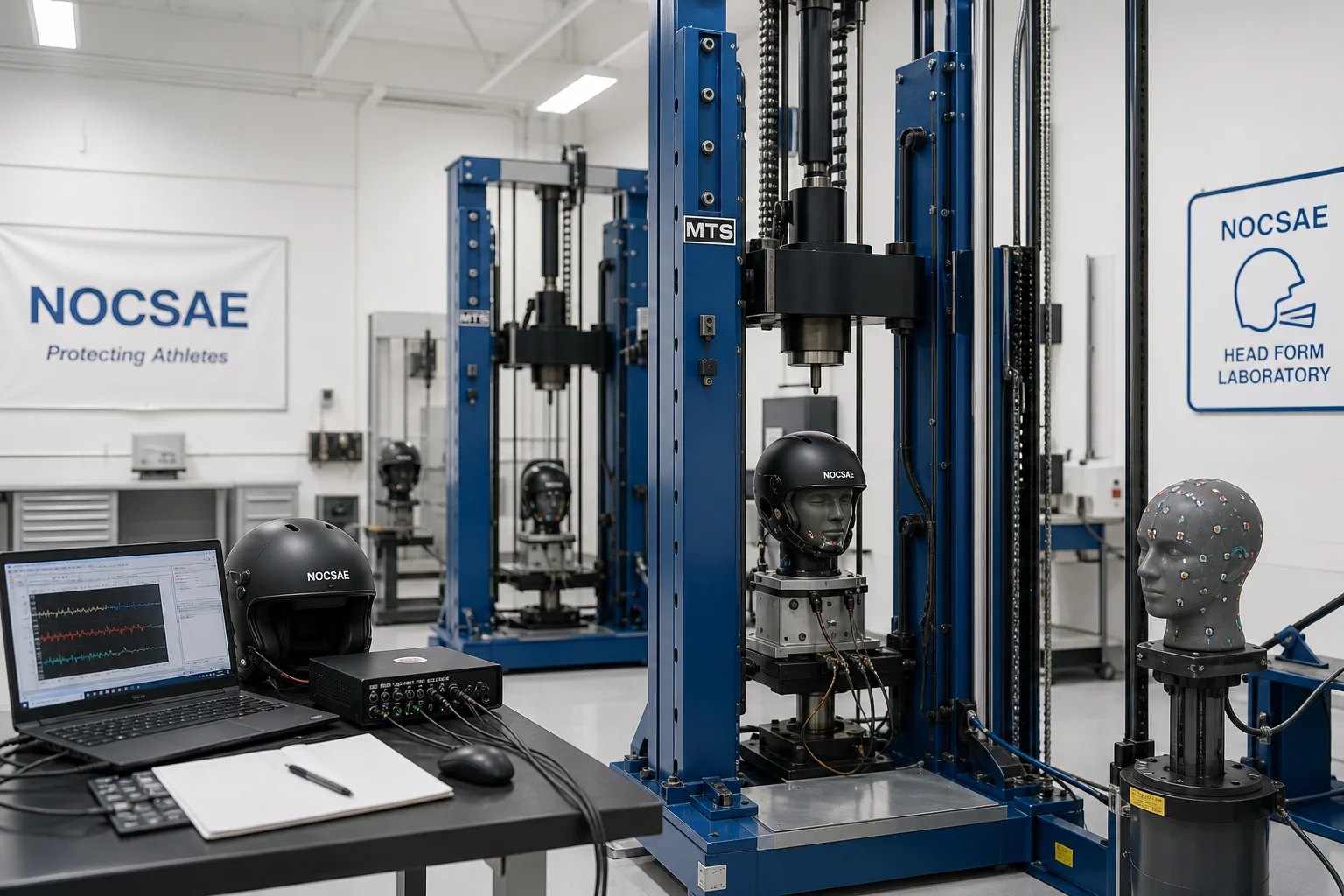 Virginia Tech helmet testing lab with impact testing equipment and head forms
