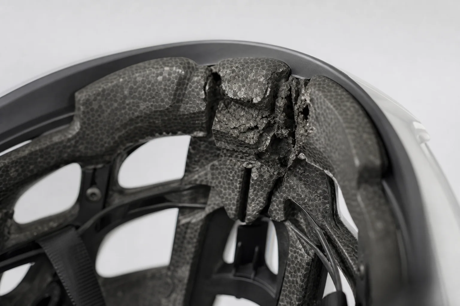 Close-up of helmet foam deformation and impact damage from testing