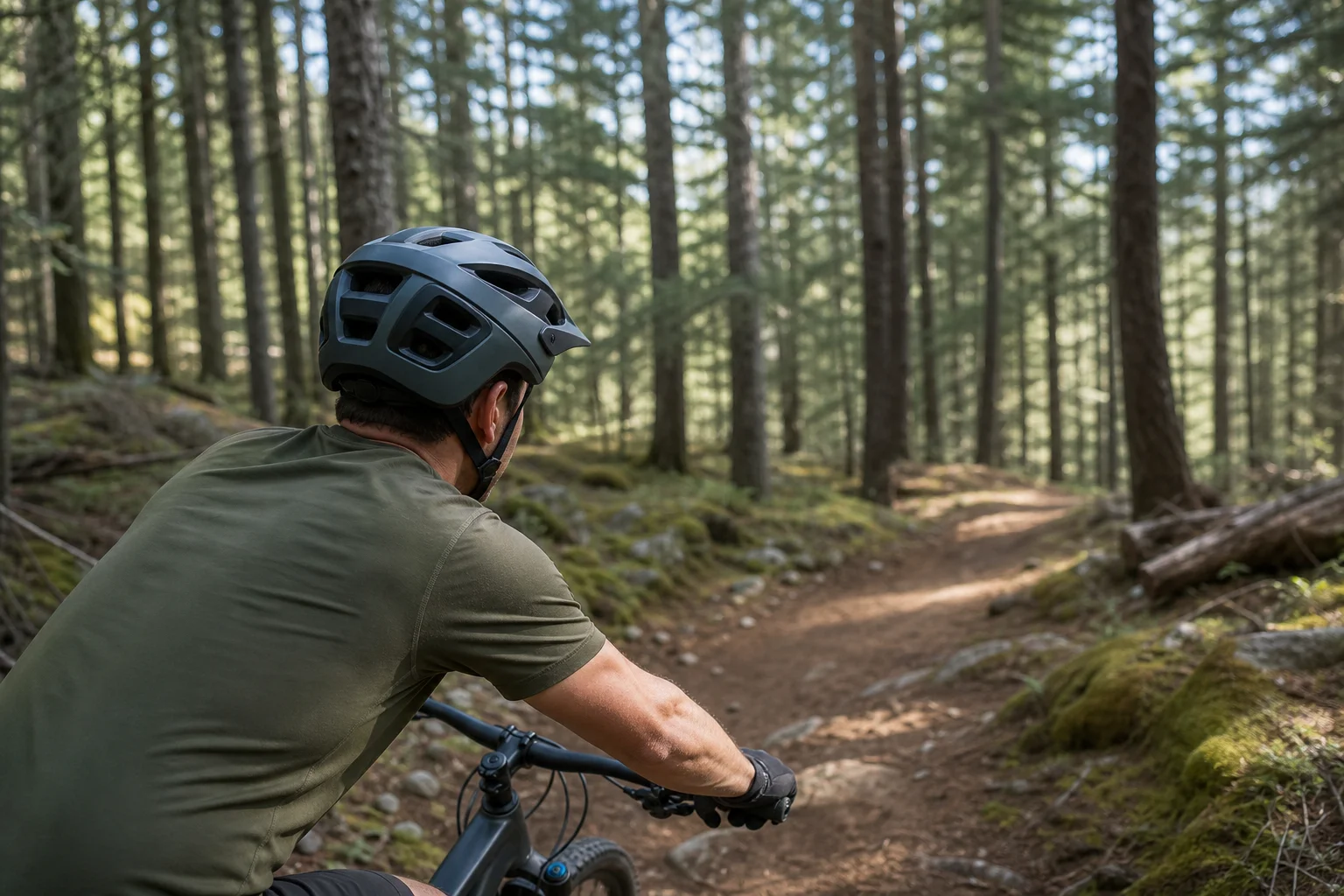 Cyclist wearing a properly fitted helmet on a mountain bike trail